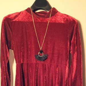 Velvet Mock Neck Deep Red Long sleeve Skater Dress